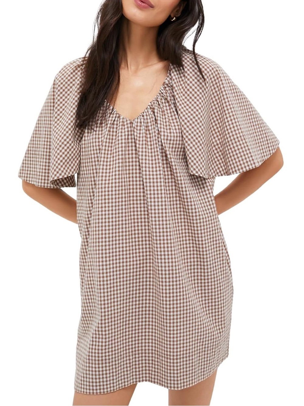 KEOMUD Brown & Cream Gingham Short Sleeve Shift Dress Mini Size Large